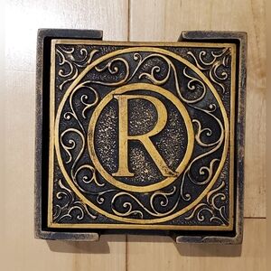 4 Gold 'R' Coasters & Holder